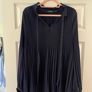 Ralph Lauren Navy Pleated Long Sleeve V-Neck Blouse